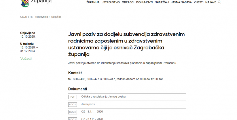 Screenshot www zagrebacka zupanija hr natjecaji 344 javni poziv za dodjelu subvencija zdravstvenim rad 1602586427728